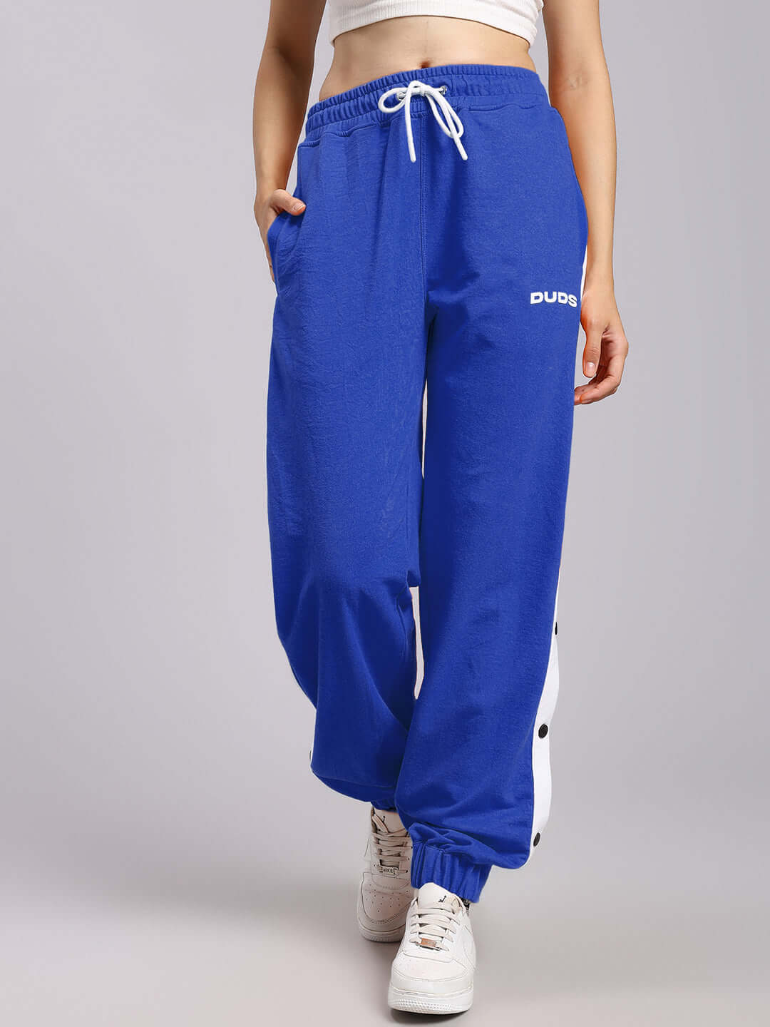 Alt Tag: Women's Miller Relaxed Fit Joggers in Blue, crafted by DUDS, featuring a comfortable design and customizable size option.