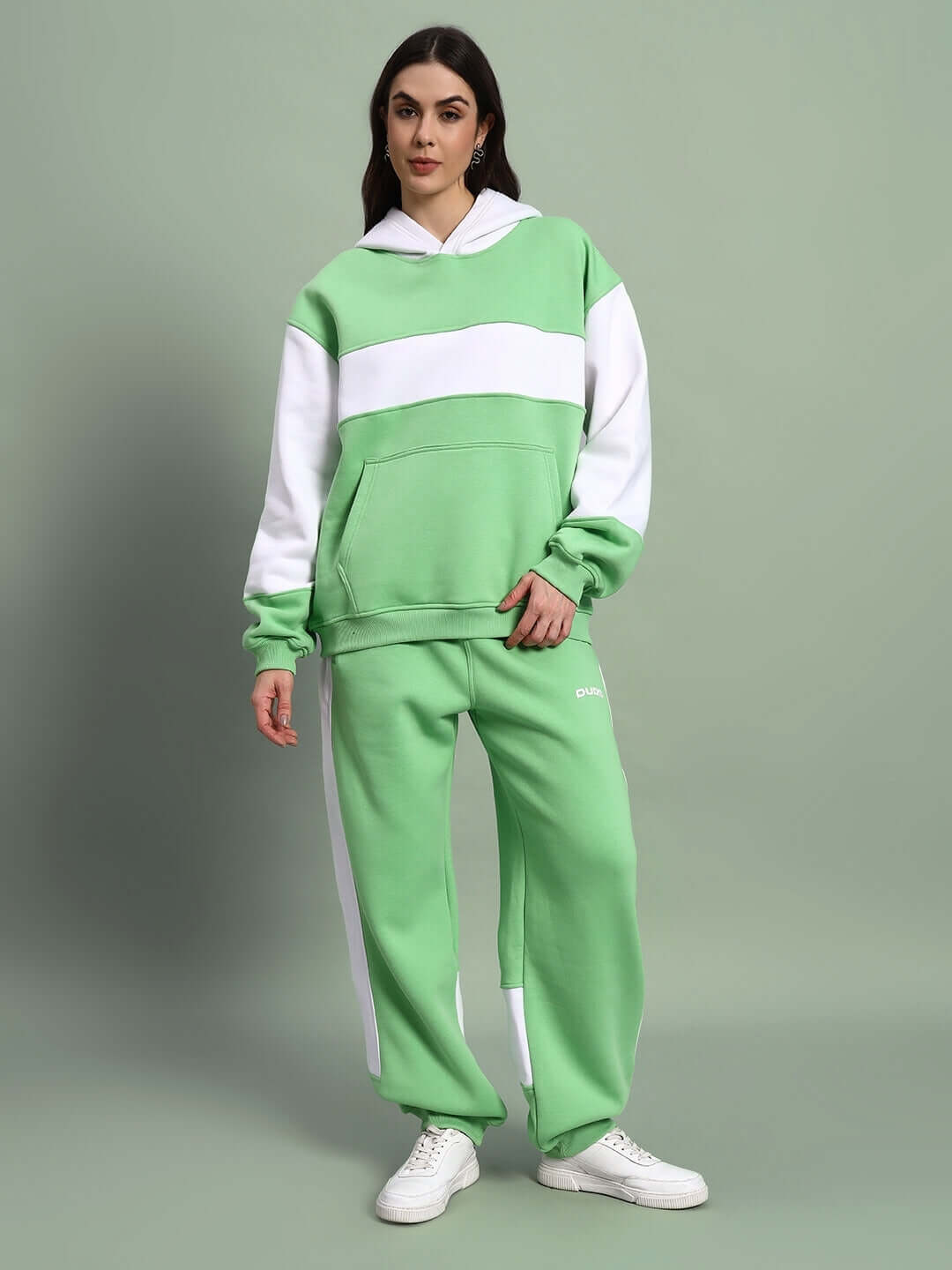 WOMEN MINTED BLISS FLEECE COLORBLOCK CO-ORD GREEN WHITE streetwear set with hoodie and joggers, bold colorblock design.