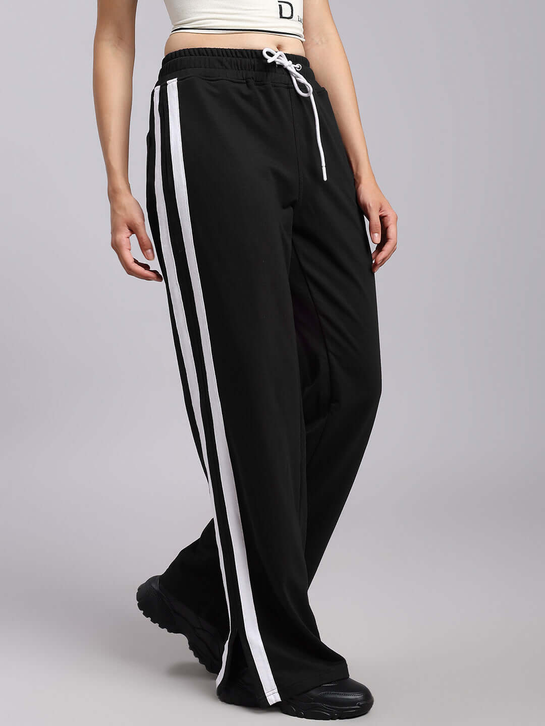 Alt Tag: Women's Moscow Relaxed Fit Joggers in Black with white stripes, made-to-order, customizable size, comfortable and stylish.