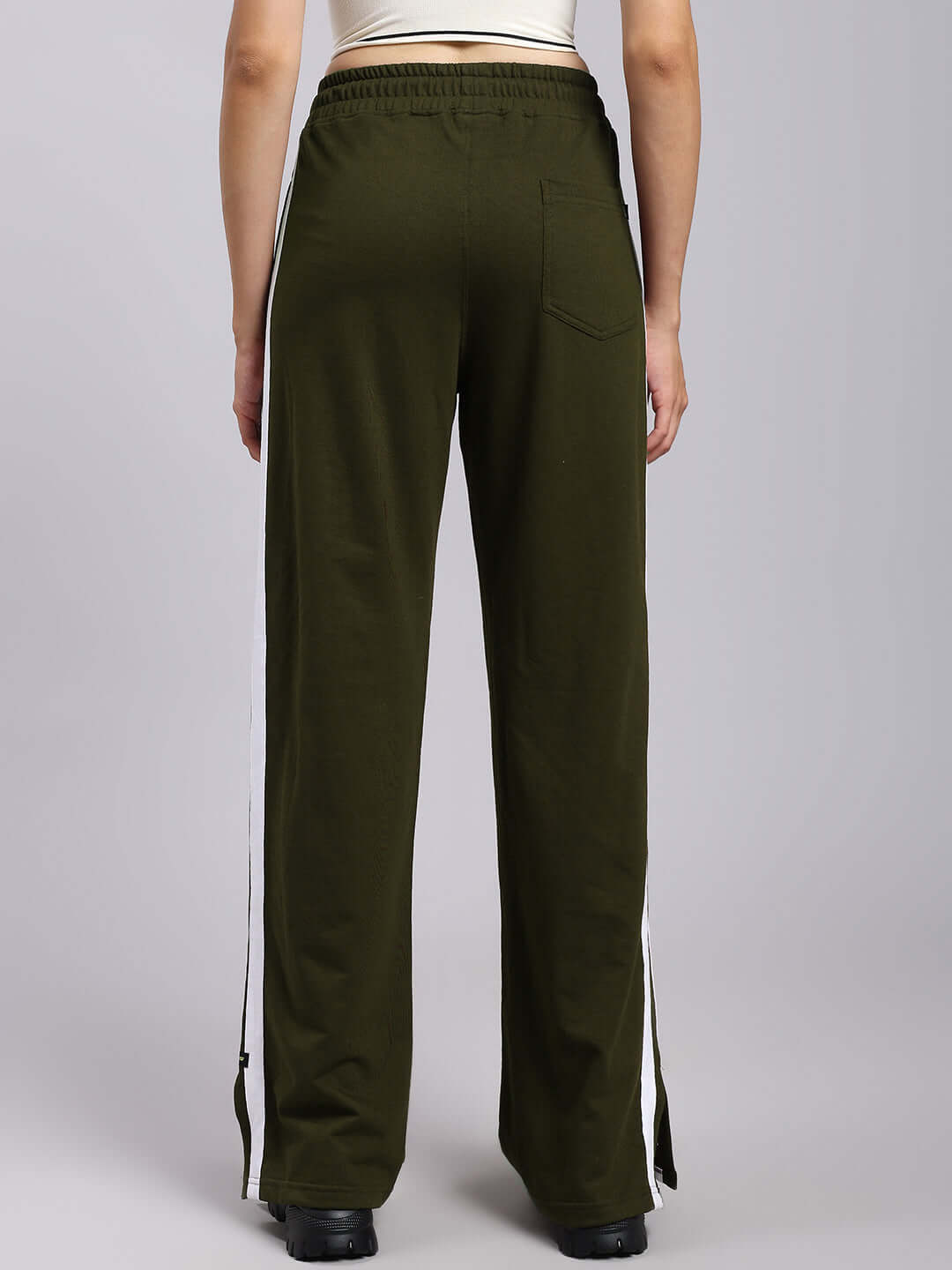 Back view of Women's Moscow Relaxed Fit Joggers in olive green with side stripes, showcasing comfortable and stylish fit.