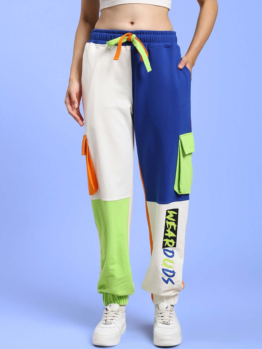 Colorblock multi-pocket relaxed-fit joggers for women, featuring vibrant design and customizable fit option, by DUDS.