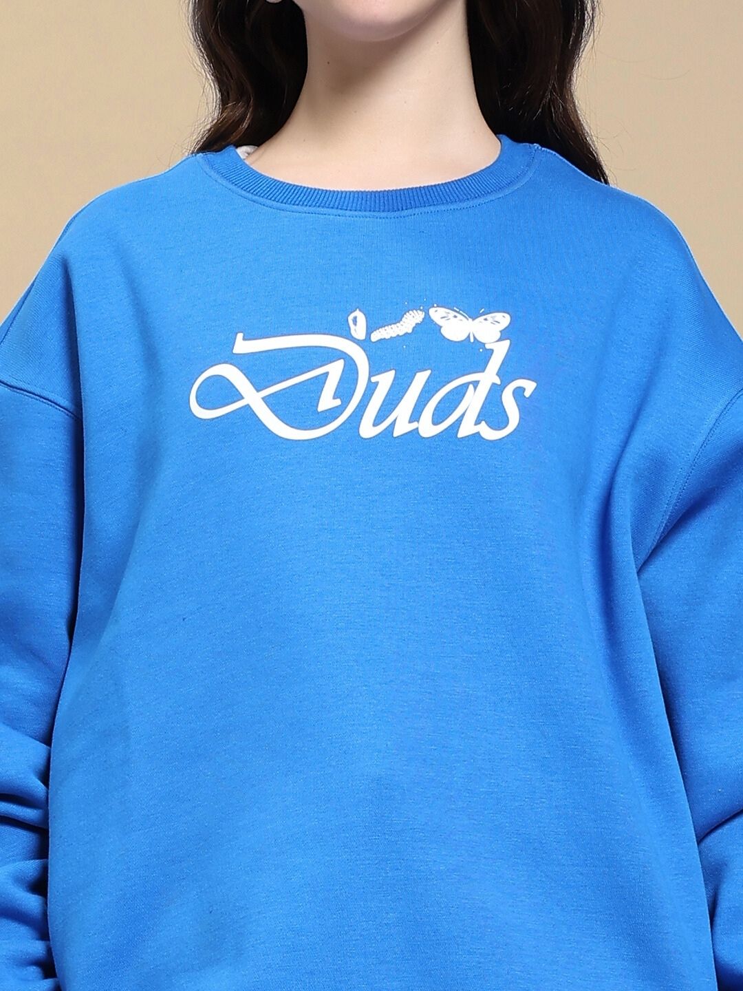WOMEN'S NATURE LINK FLEECE SWEATSHIRT ROYAL BLUE with white logo design displayed on front, close-up view
