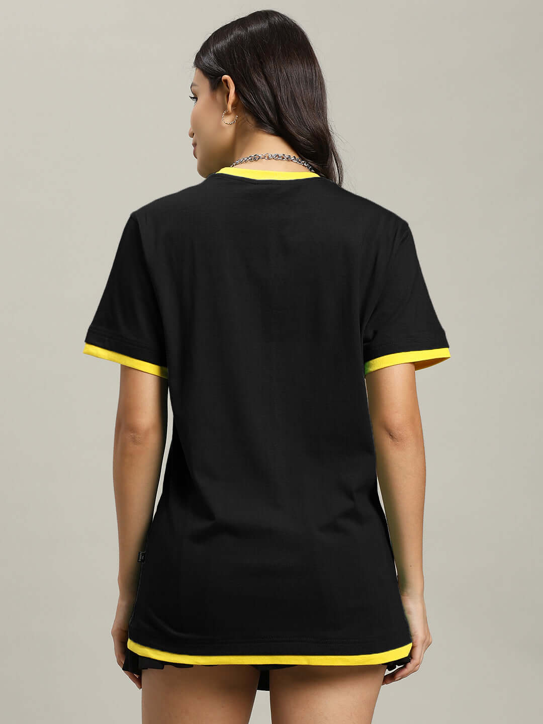 Back view of WOMEN'S NIMO Regular Fit T-Shirt in black with yellow trim, made from premium cotton fabric. Stylish and comfortable design.