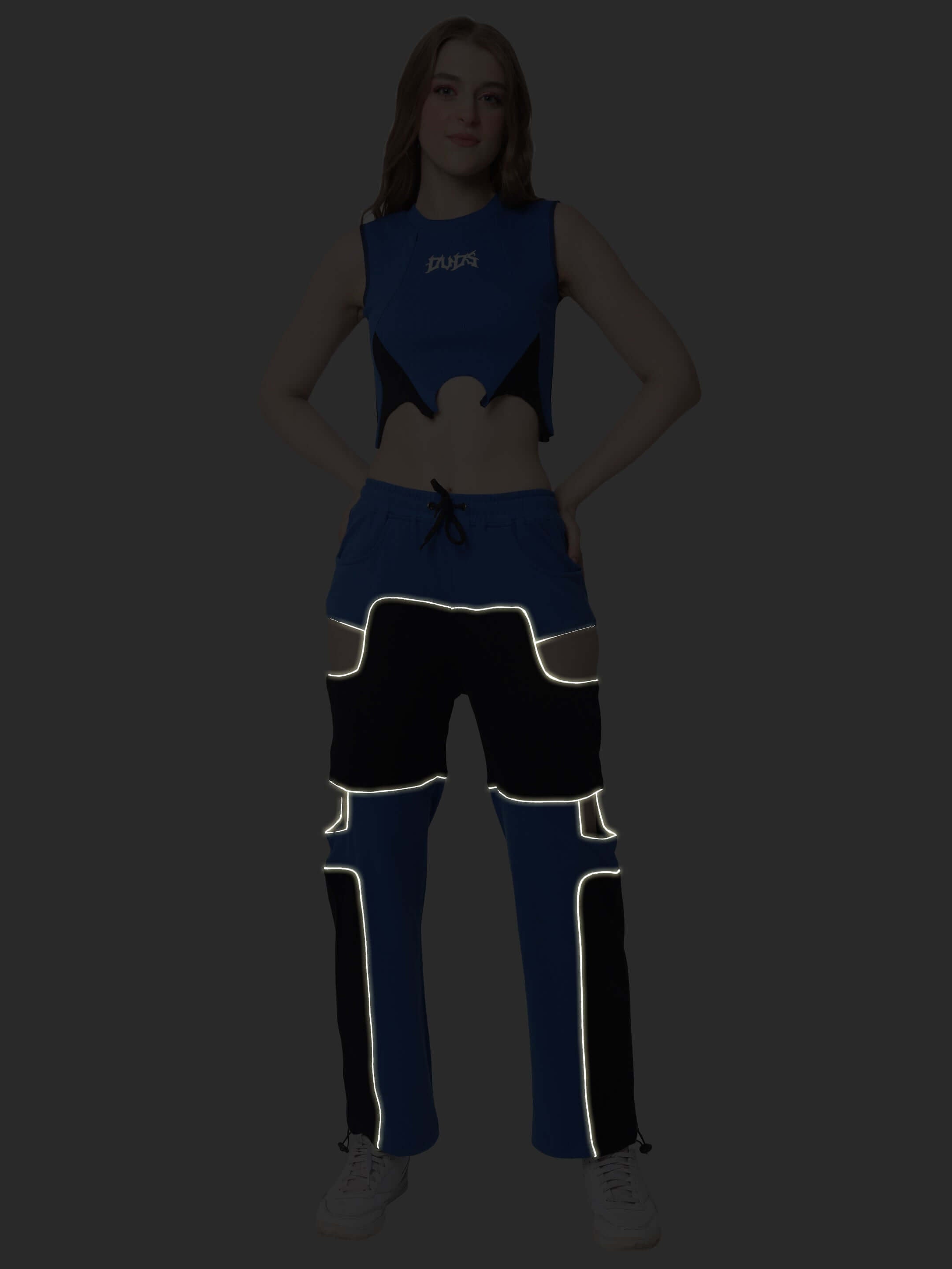 Women's Oddy Co-Ord Set (Blue) made from premium heavy gauge cotton, featuring reflector details. Country of Origin: India.