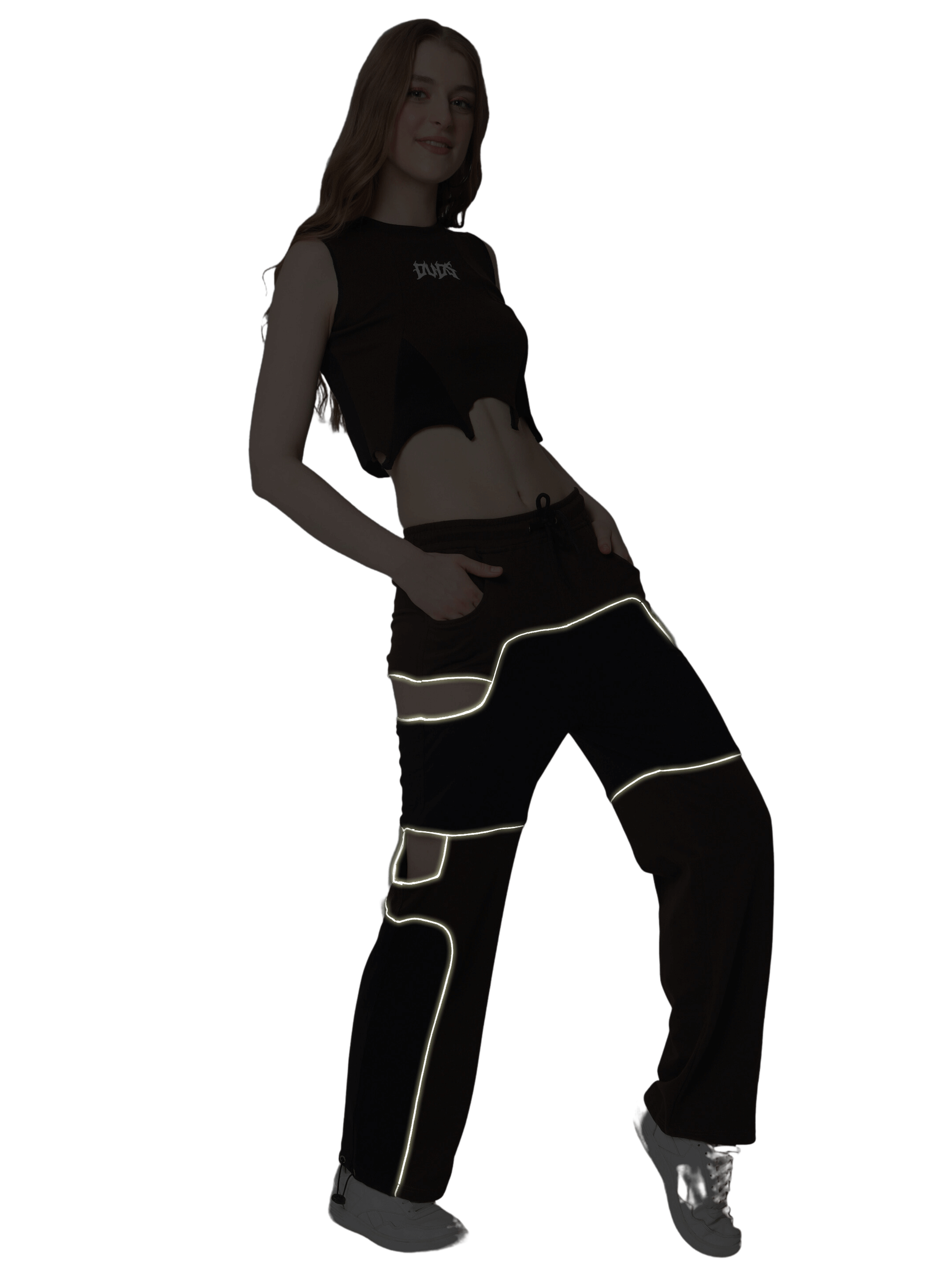 Model wearing women's Oddy co-ord set in brown, featuring reflector detailing, made of premium heavy gauge cotton fabric. Made in India.