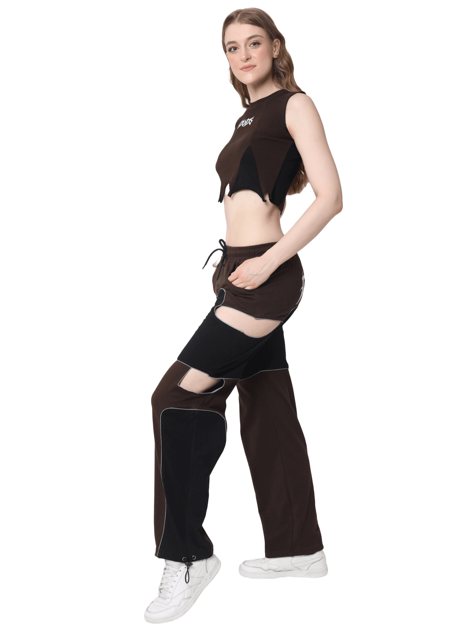 Model wearing WOMEN'S ODDY COTTON CO-ORD SET BROWN showcasing minimalist fashion in a sleek silhouette with earthy brown tones.