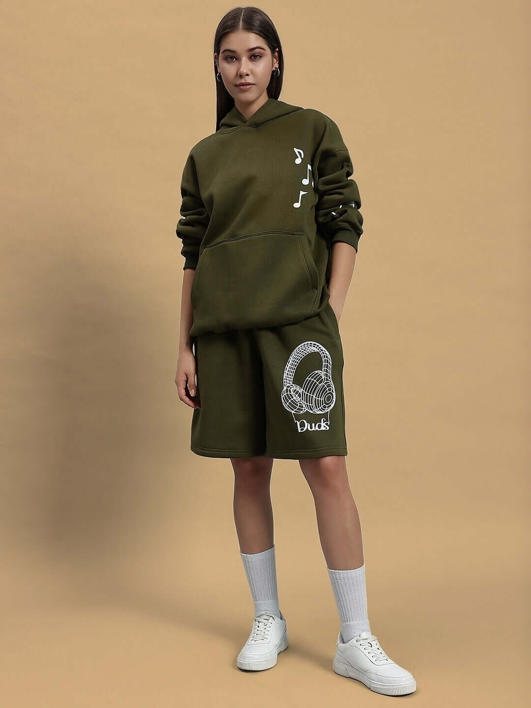 Woman wearing WOMEN OPERA FLEECE CO-ORD OLIVE GREEN set, showing customizable size and design for tailored fit.