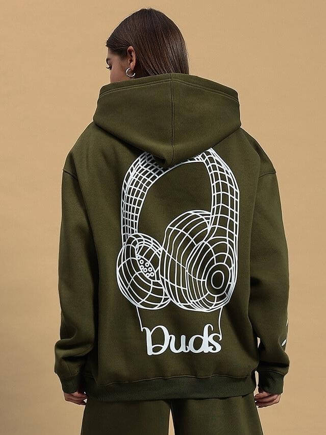 Back view of WOMEN OPERA FLEECE HOODIE OLIVE GREEN with graphic design, made to order by experienced tailors at DUDS.