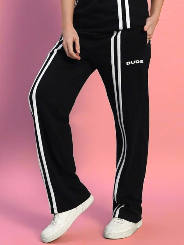 Women's Outlook 2 Stripe Black Jogger Pants by DUDS, featuring stylish white stripes, made to order by expert tailors, customizable fit available.