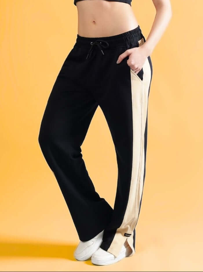 Women's Paradise Side Slit Joggers in Black-Beige with customizable fit, designed by DUDS for style and comfort.