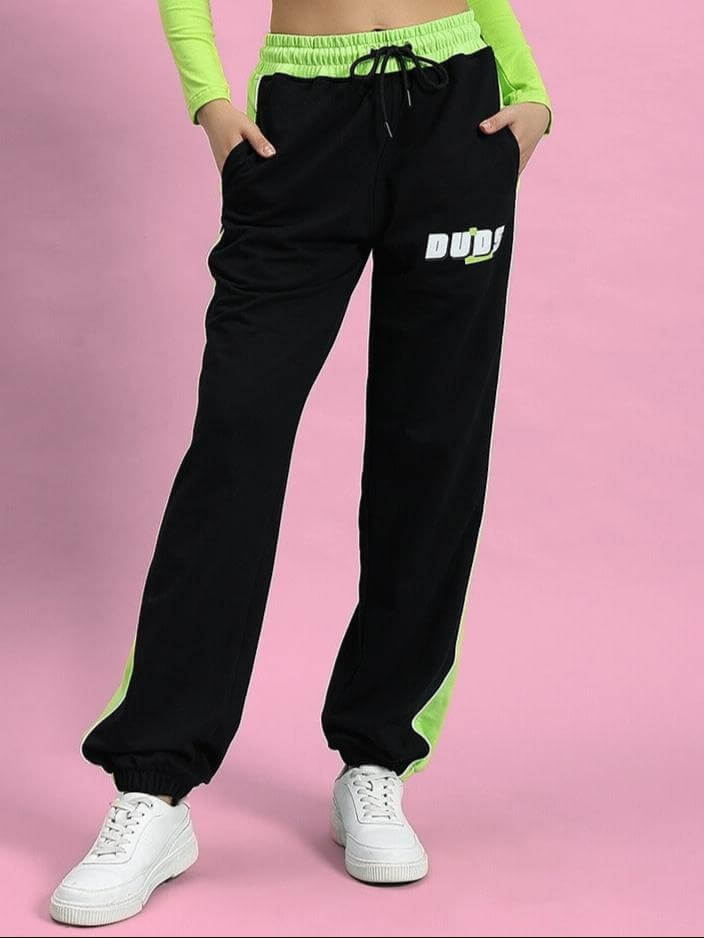 Women's Black-Neon Green Peppy Joggers by DUDS, featuring a relaxed fit and customizable sizing options.