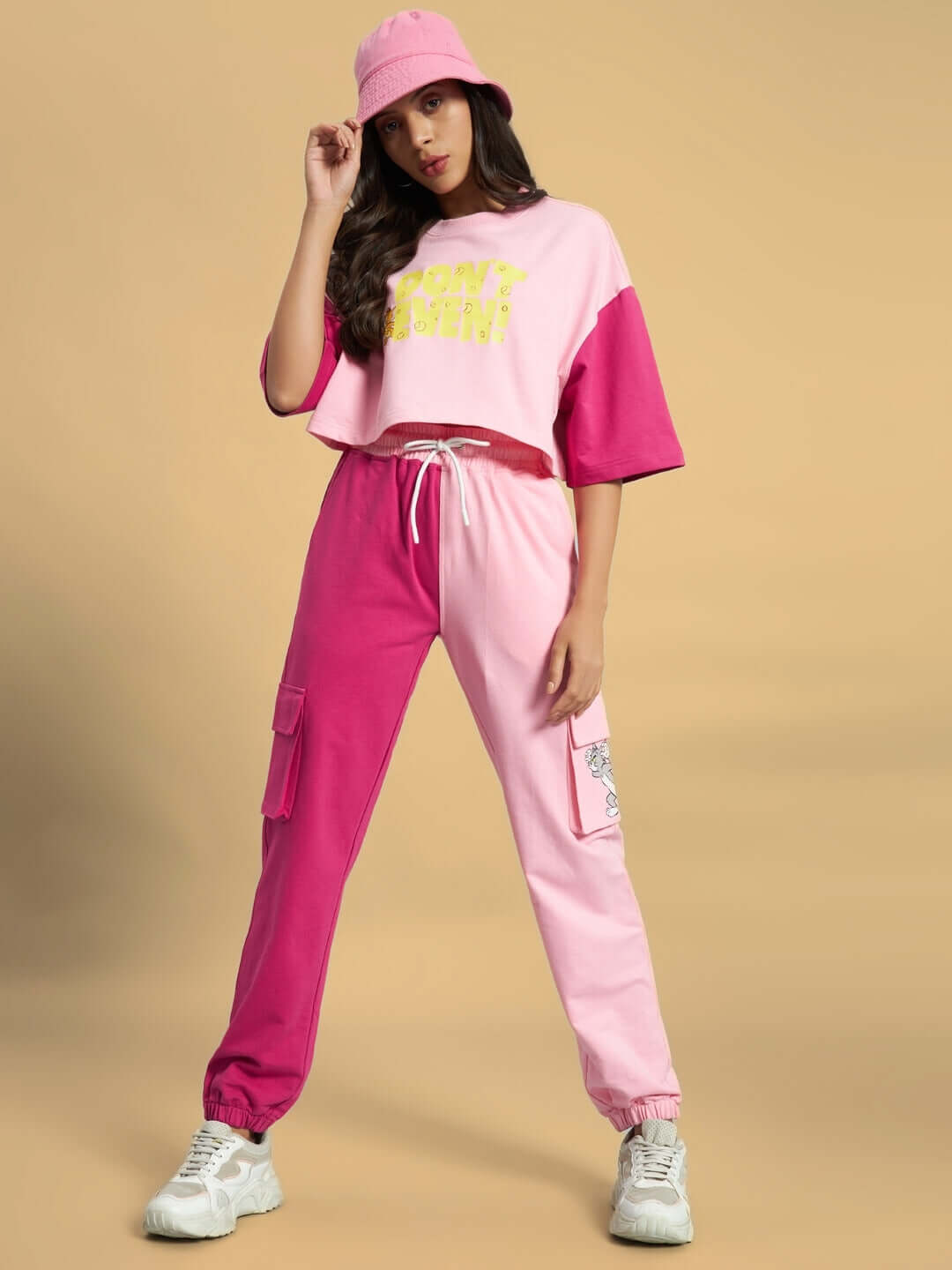 Women's pink co-ord set with print, made from premium cotton French terry lycra, casual and stylish design suitable for various occasions.