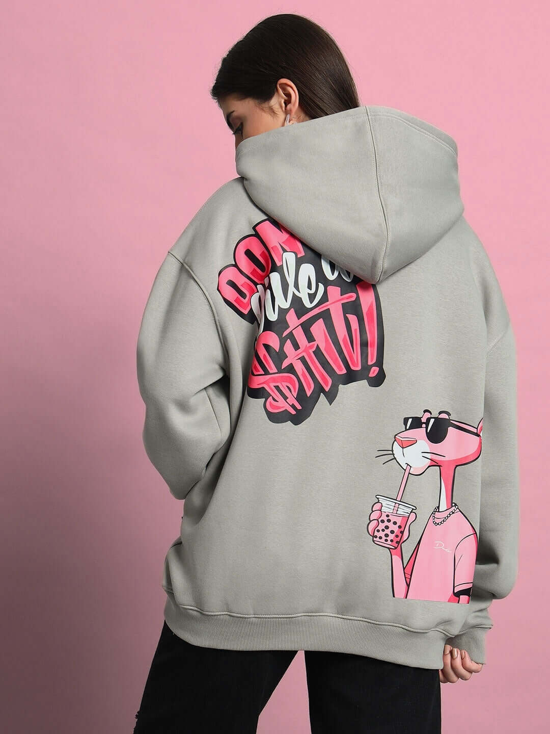 WOMEN PINK PANTHER OVERSIZED HOODIE GREY with graphic design, made to order
