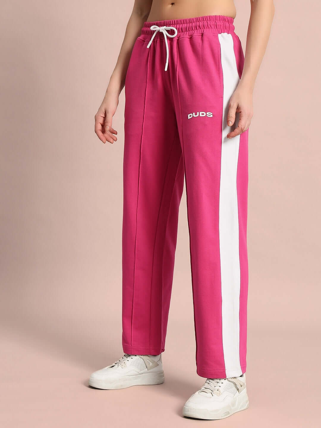 Women's pink side seam plated joggers with white stripe by DUDS, custom fit available, made-to-order fashion.