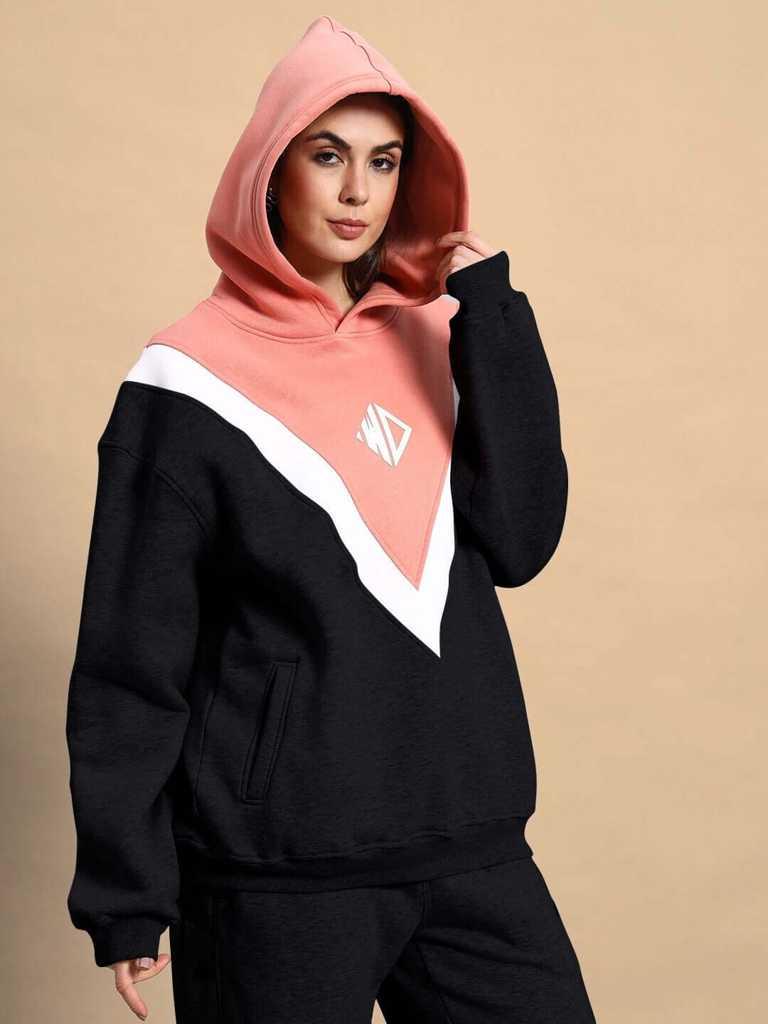 WOMEN POLAR COLORBLOCK CO-ORD BLACK PEACH fleece hoodie set with bold black and peach design for modern streetwear fashion.