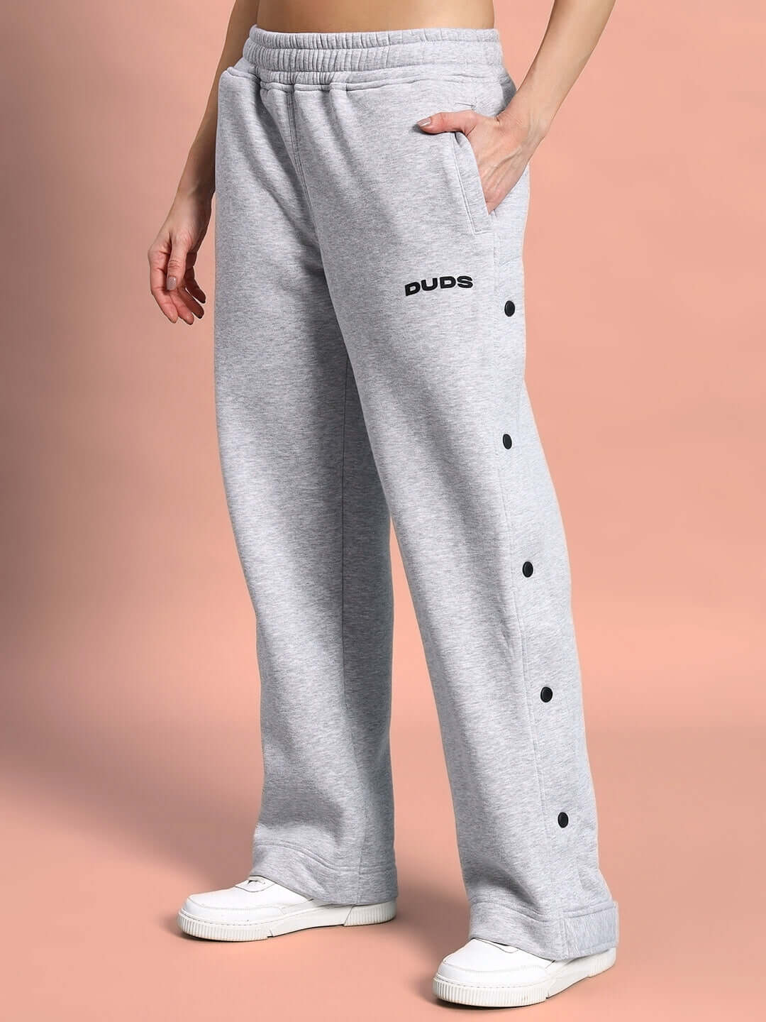 Women's grey polar fleece jogger pants by DUDS featuring button details and custom fit option, perfect for comfortable wear.
