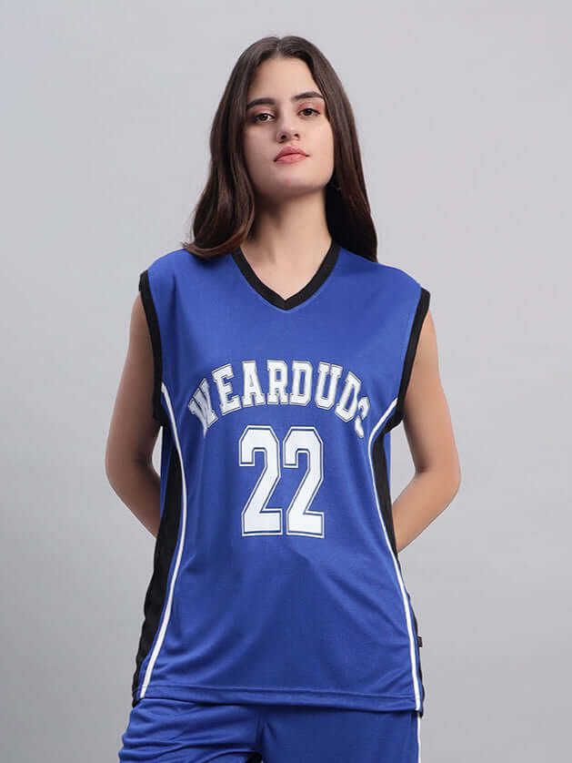 Women's Portia Gym T-shirt in Royal Blue by Wearduds, featuring a sporty design with a '22' graphic. Ideal for workouts and casual wear.