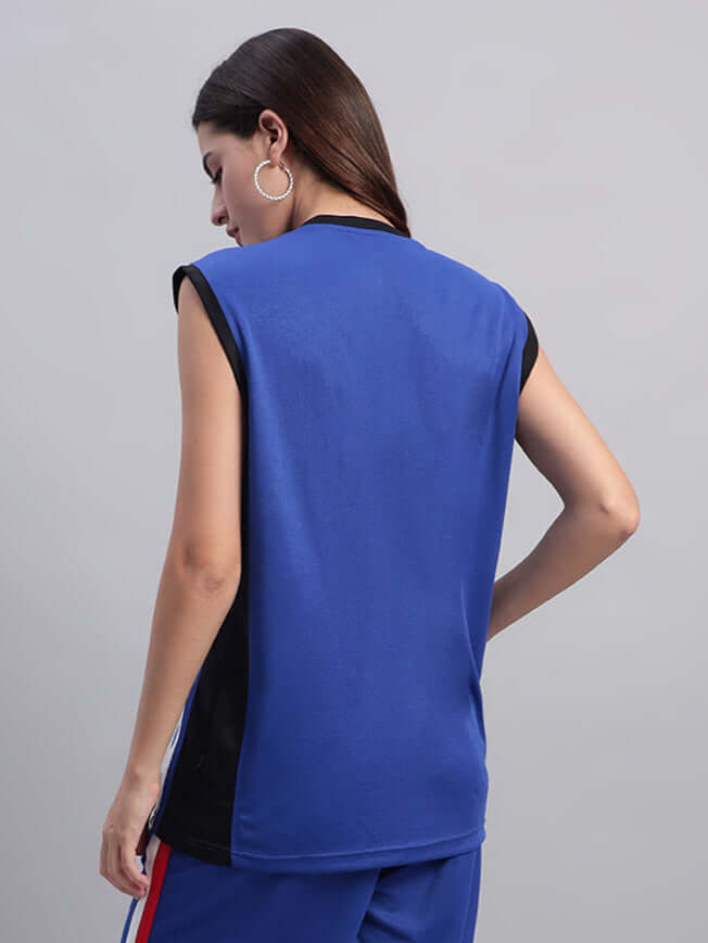 Back view of women's Portia gym t-shirt in royal blue, showing sleeveless design and comfortable fit.