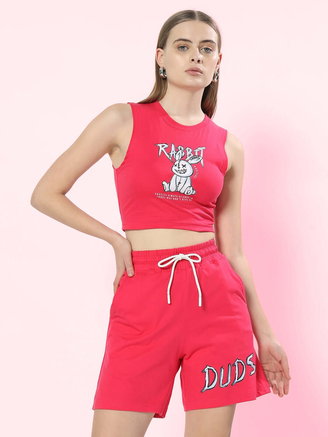 Women's pink Positive Rabbit Co-ord Set with print, featuring premium cotton fabric, stylish top and shorts.