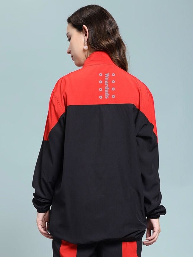 Back view of WOMEN'S POWER BLOCK RELAXED FIT JACKET BLACK RED