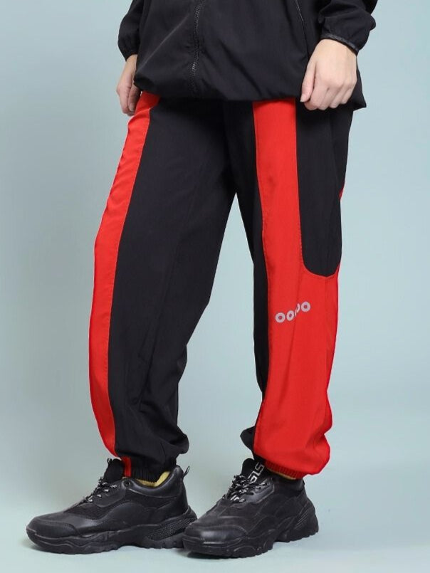 WOMEN'S POWER BLOCK RELAXED FIT JOGGER BLACK RED with bold red stripe, stylish track pants for fashion and comfort.