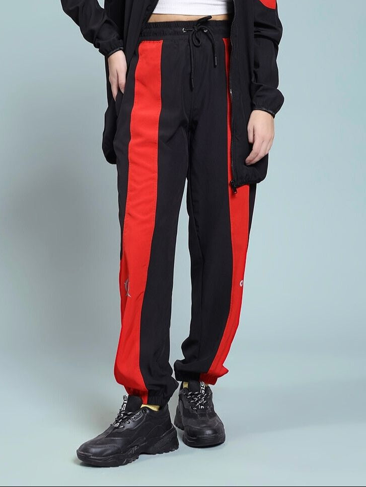 WOMEN'S POWER BLOCK RELAXED FIT JOGGER BLACK RED with stylish black and red design, perfect for casual wear.