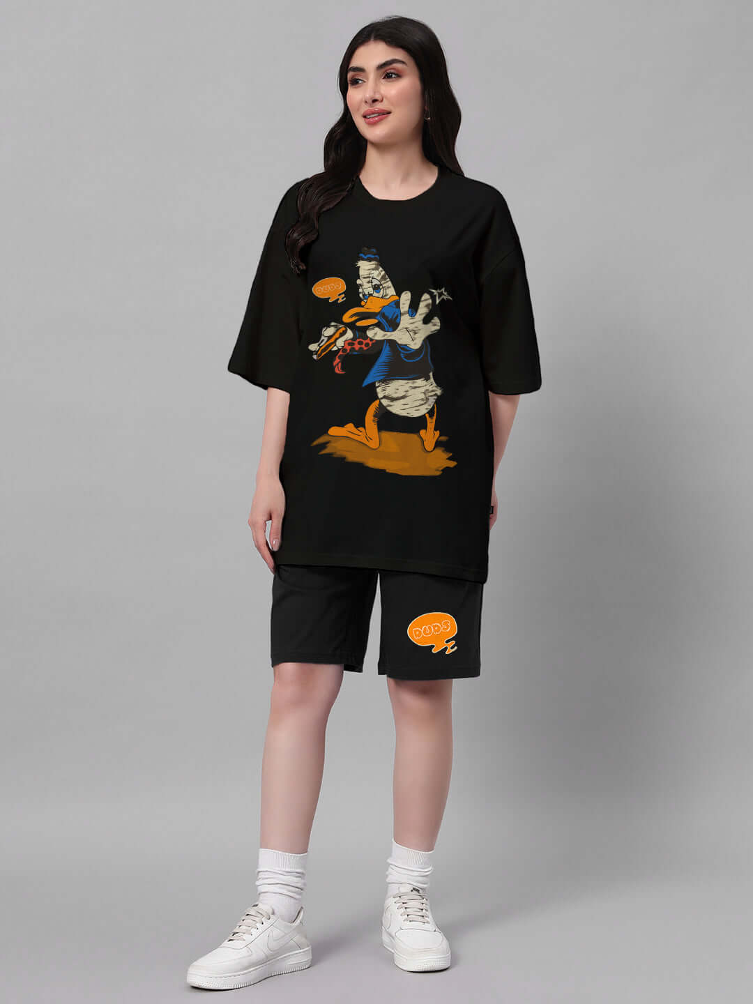 Model wearing Women's Quack Off Co-Ord Set in black, featuring premium cotton French terry lycra fabric, designed for comfort and style.