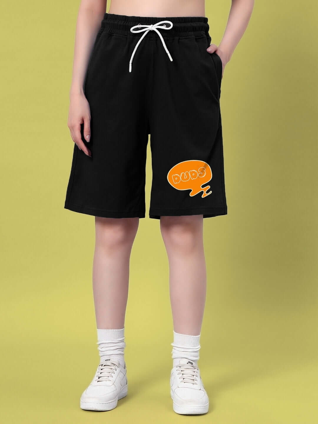 Women's Black Quack Off Summer Shorts by DUDS featuring custom fit option and orange logo detail.
