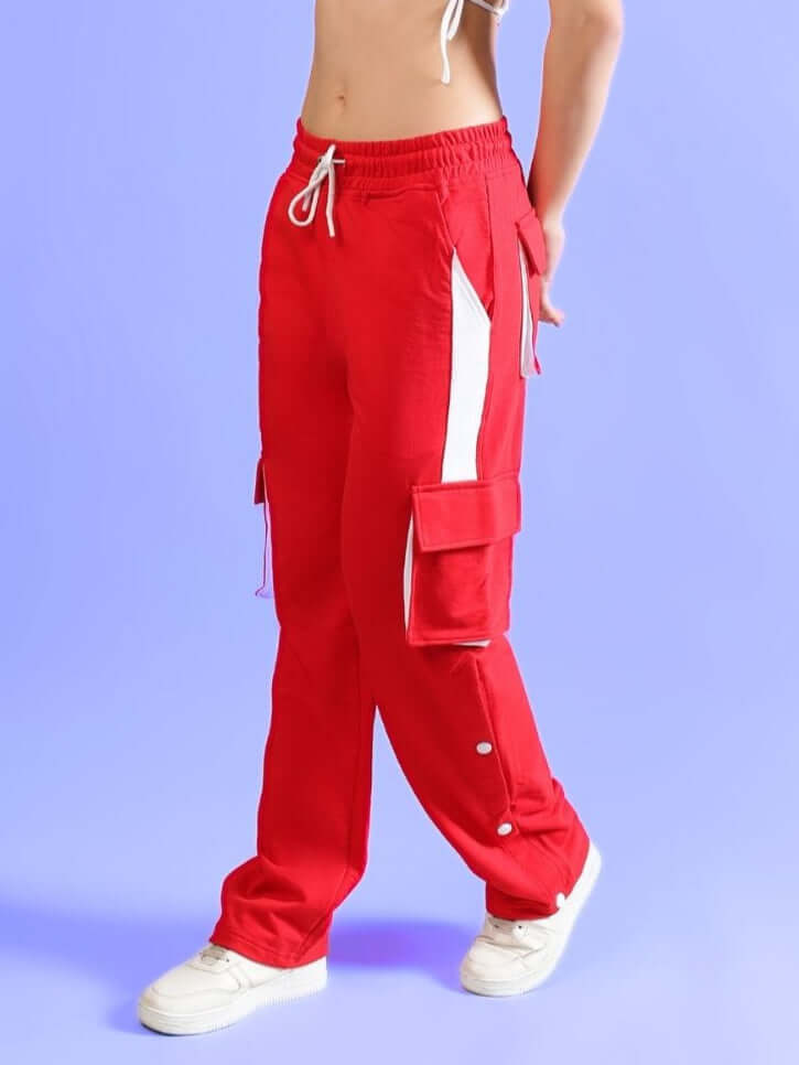 Alt Tag: WOMEN'S BRACKET CARGO PANT RED & WHITE HIGHLIGHTER relaxed fit pants with pockets