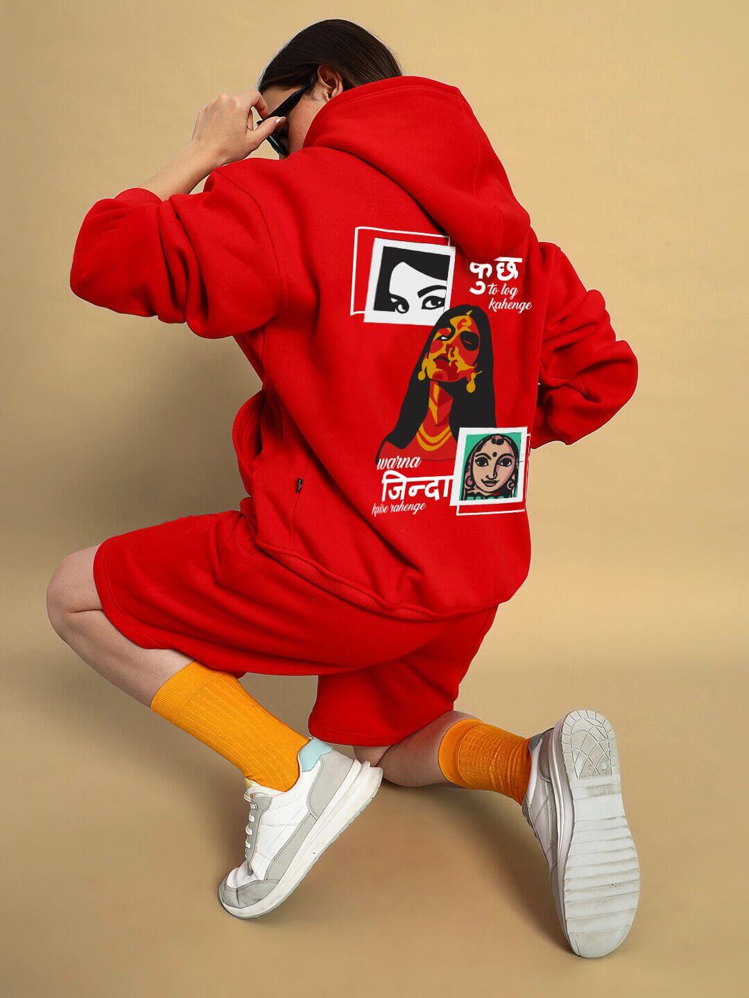 Person wearing WOMENS A LOOK ATTITUDE FLEECE CO-ORD RED with graphic design on back, showcasing bold and comfortable street-style fashion.