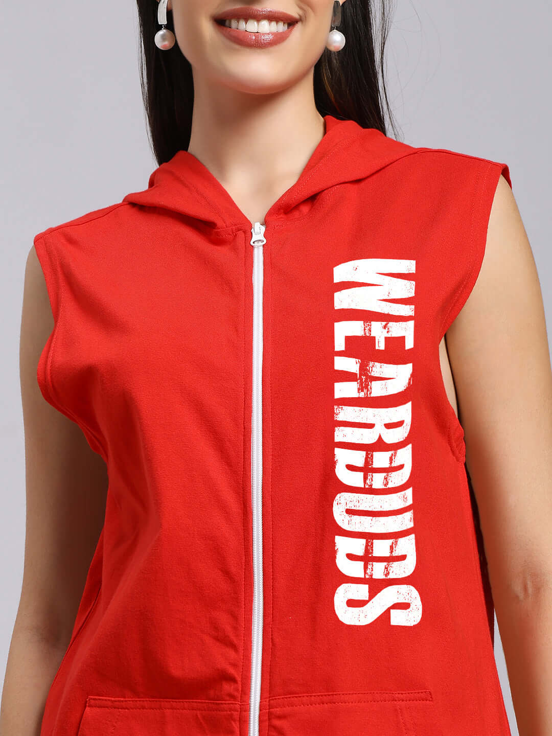 WOMENS DECENT GYM HOODED T-SHIRT RED with bold white text 'WE ARE DUDES' on the front, ideal for workouts and casual wear.
