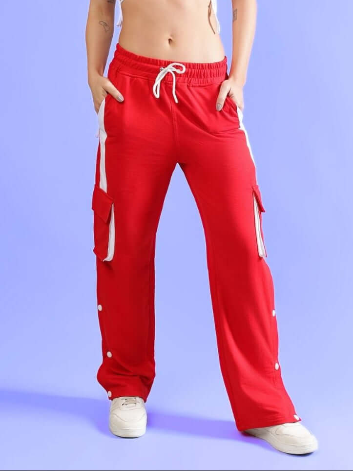 WOMEN'S BRACKET CARGO PANT RED & WHITE HIGHLIGHTER, relaxed fit, stylish and durable design for comfort.