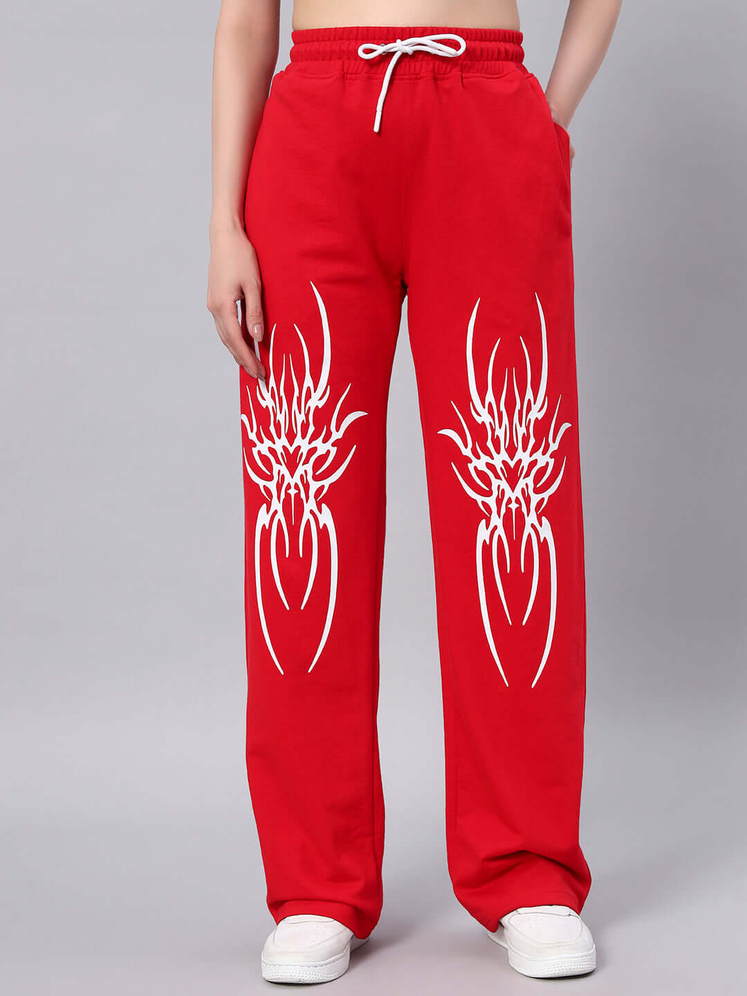 Front view of WOMEN'S REDX BRANCHING JOGGER RED with unique white print design.