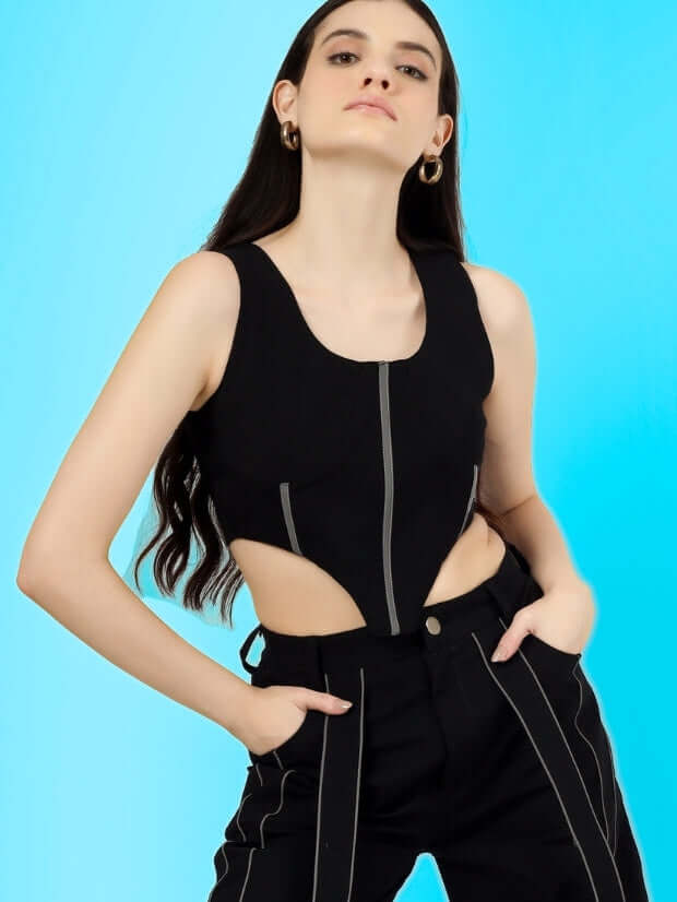 Women's reflective co-ord set featuring a corset top and reflective carpenter pants, stylish and modern design by DUDS.