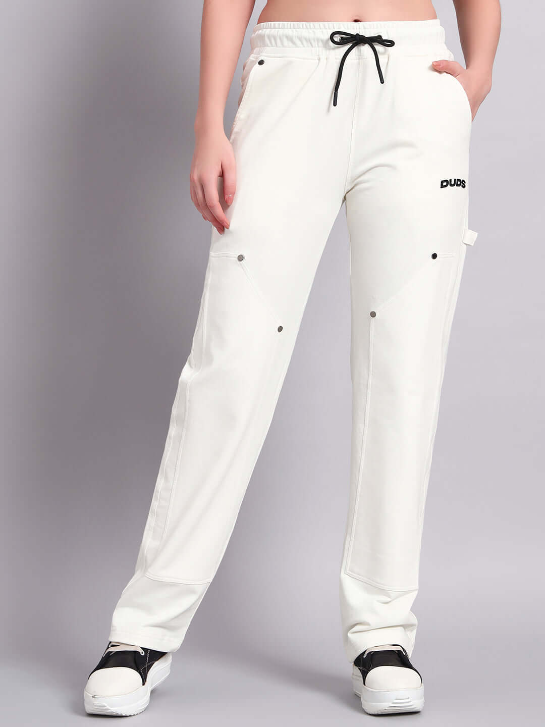 Women's Regulus Relaxed-Fit Joggers in white, featuring elastic waistband and drawstring, made by DUDS, perfect for custom fit options.