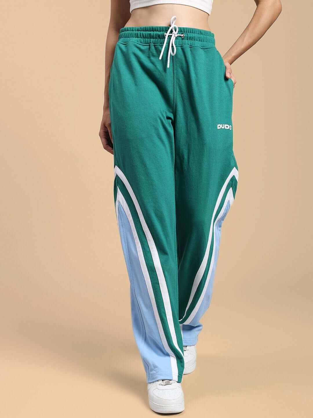 Teal Green Women's Rio One Relaxed Fit Joggers with custom fit option, crafted by DUDS' experienced tailors, shown on model.