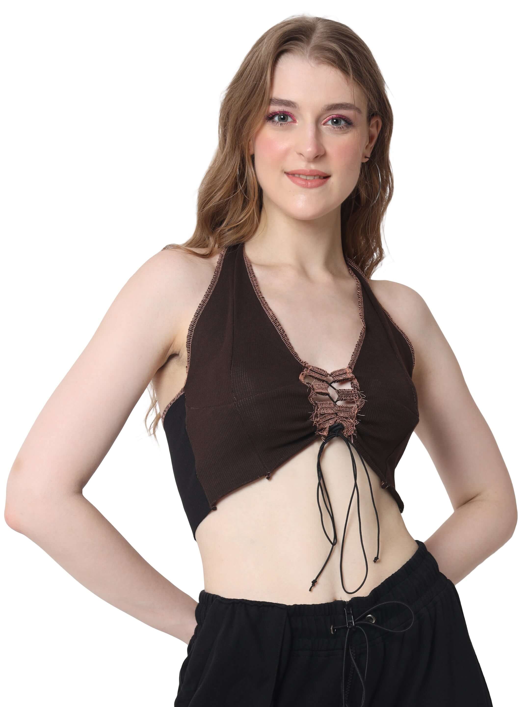 WOMEN'S ribbed brown crop-top in premium cotton and elastane, stylish design, worn by model, perfect for casual wear, made in India.