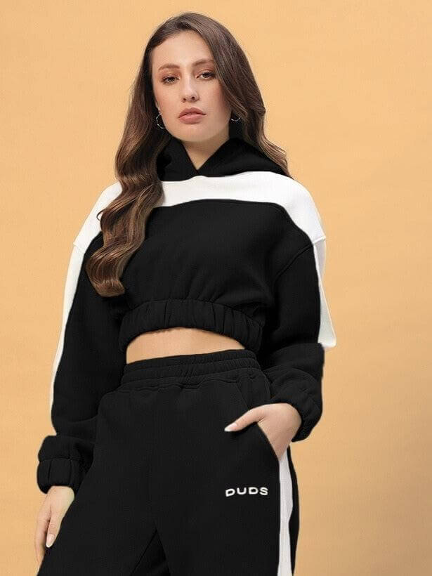 Woman wearing WOMEN RIZZLER OVERSIZED CROP HOODIES BLACK, trendy and stylish oversized cropped hoodie.