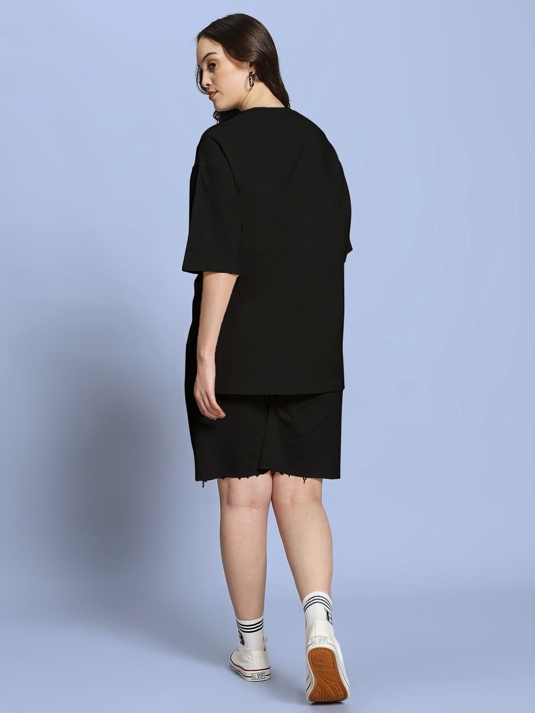 Back view of WOMEN ROSE CHARM RELAXED FIT CO-ORD SET BLACK showcasing chic design and comfortable fit.