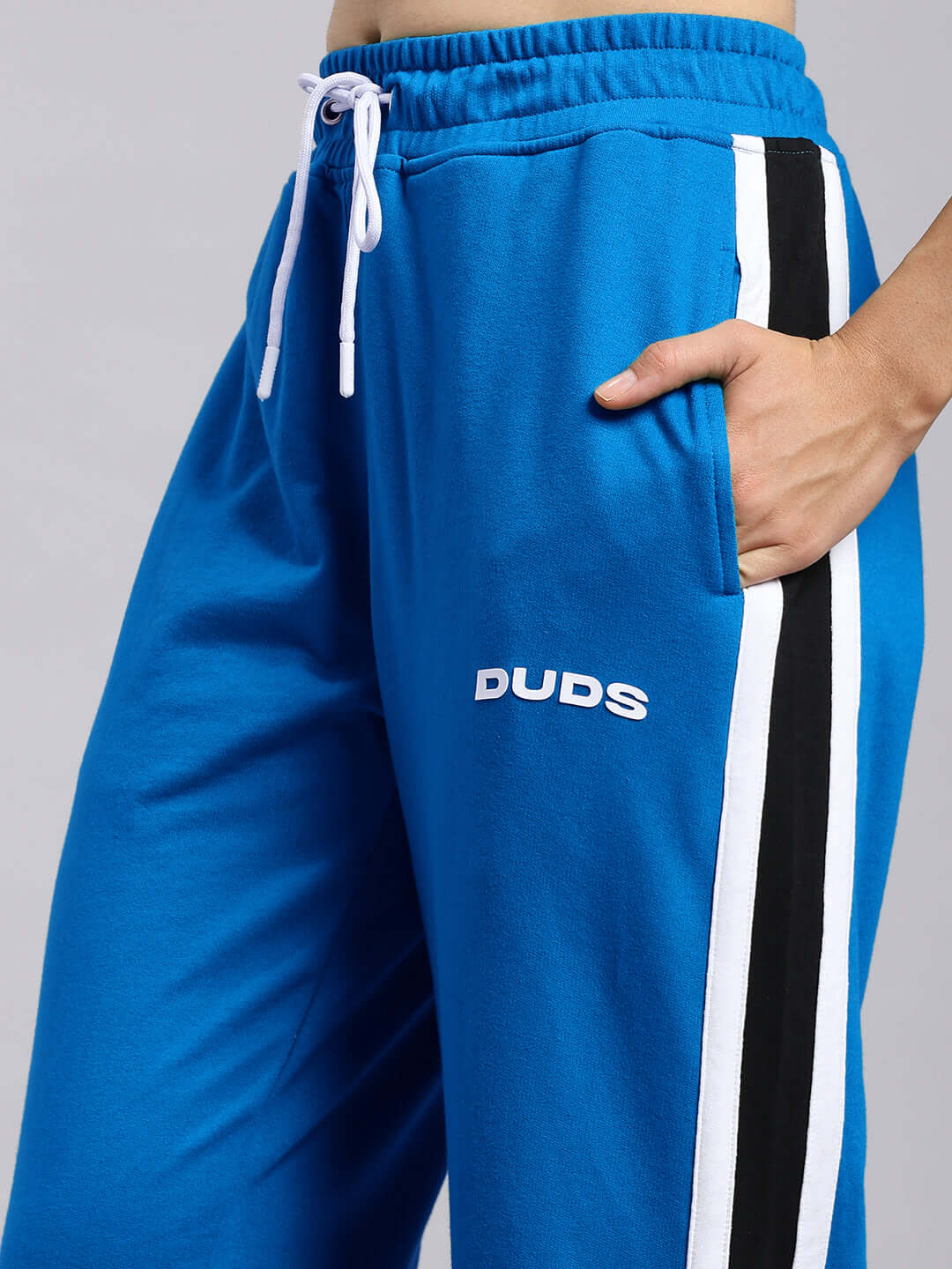 WOMENS ROSSTON FLAT-OUT RELAXED FIT JOGGERS BLUE with side stripes and pocket details.