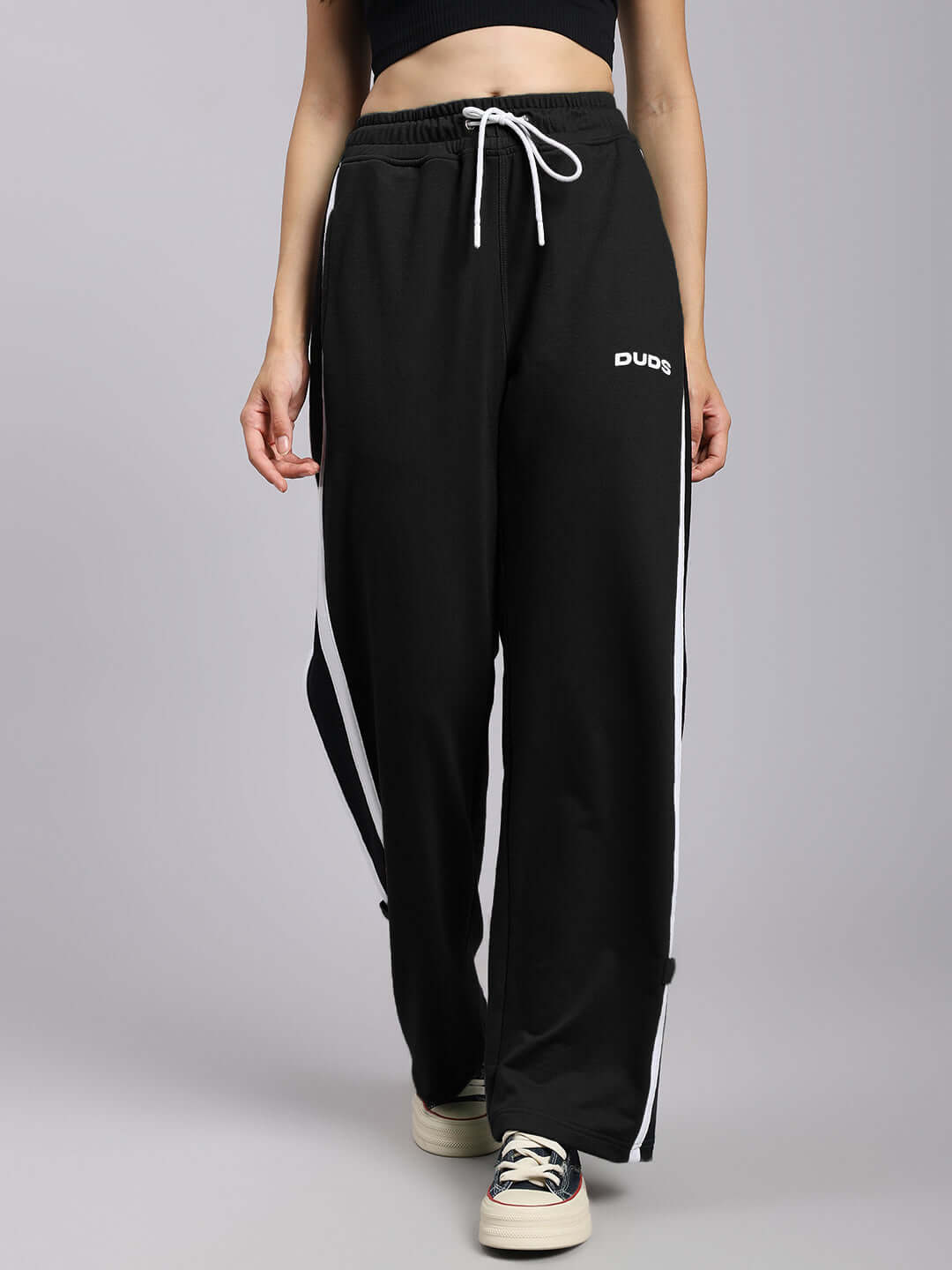 Women's Rosston Relaxed Fit Black Joggers with white stripes, featuring a custom fit option by DUDS. Made to order.