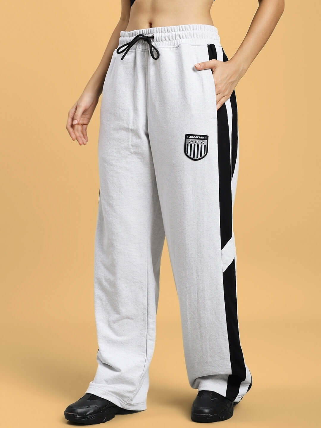 Women's Royalson joggers in melange grey featuring side stripe design, made-to-order for custom fit by DUDS.