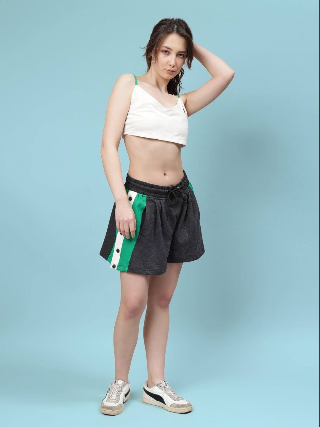 Model wearing Women's Sammie Co-ord Set in Off White and Dark Grey, featuring a premium cotton blend. Perfect for casual outings.