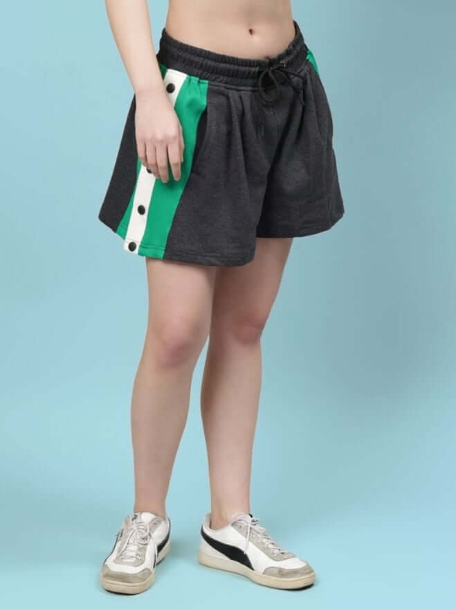 Dark grey women's Sammie shorts with green accents, featuring button detailing, custom fit options available for personalized sizing.