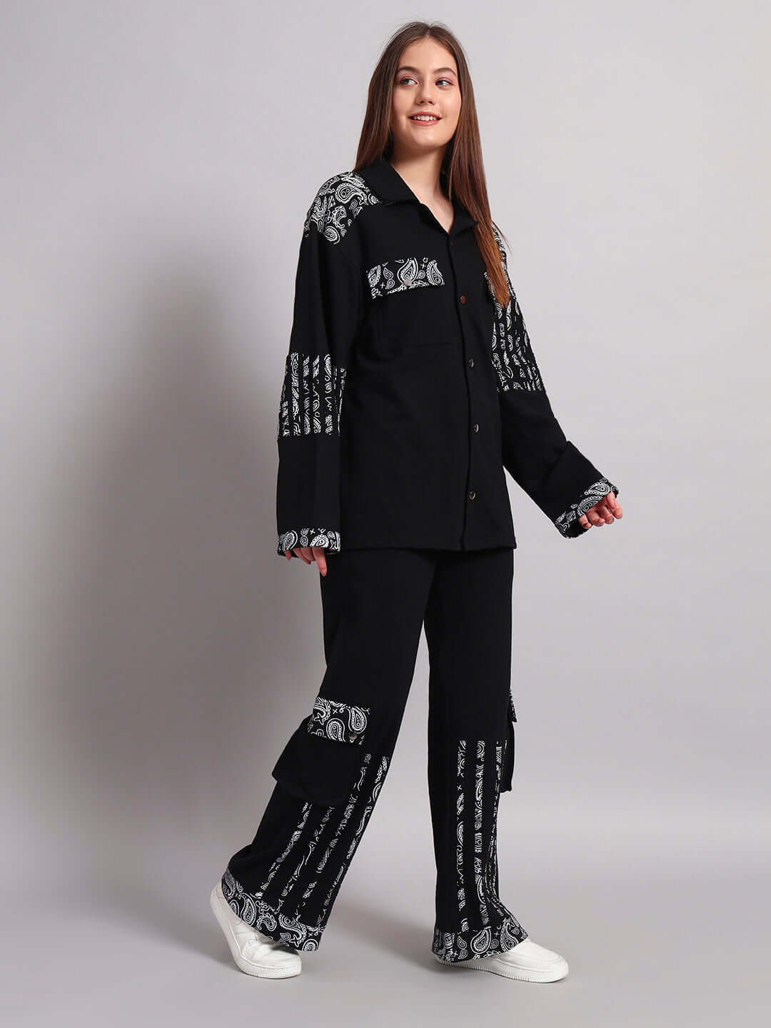 Model wearing Women's Sanganeri Co-ord Set in black, featuring 100% cotton fabric with traditional patterns, perfect for comfortable style.