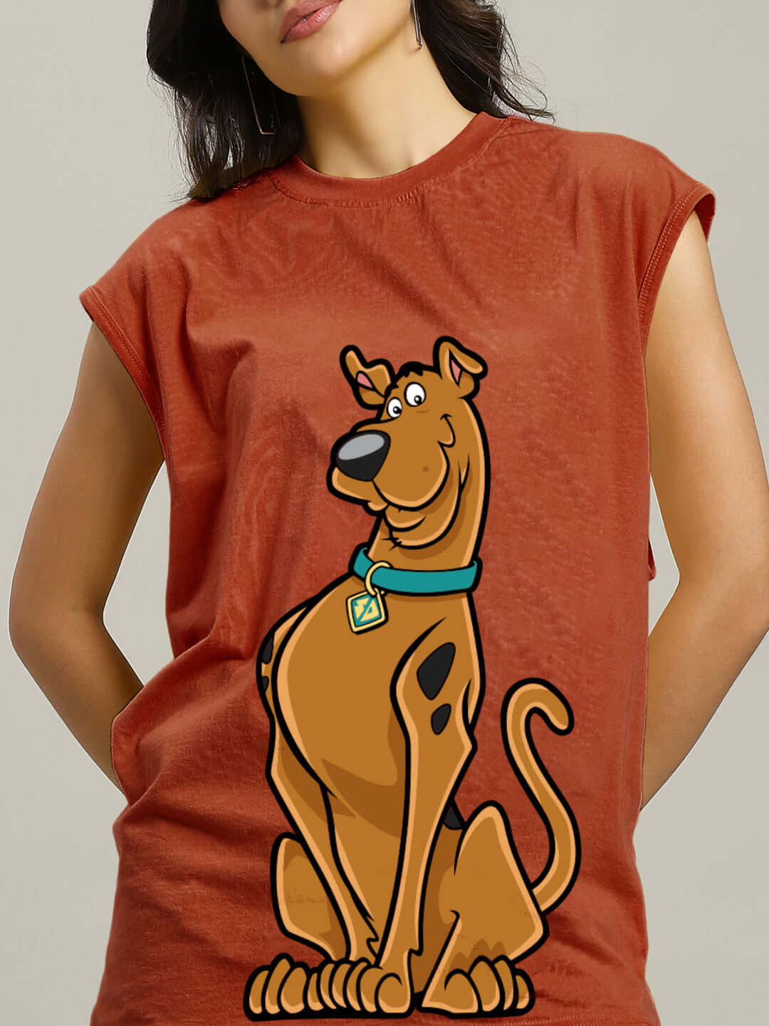 Women's brown Scooby-Doo graphic gym t-shirt, custom fit option available, featuring cartoon character design, handmade and durable.