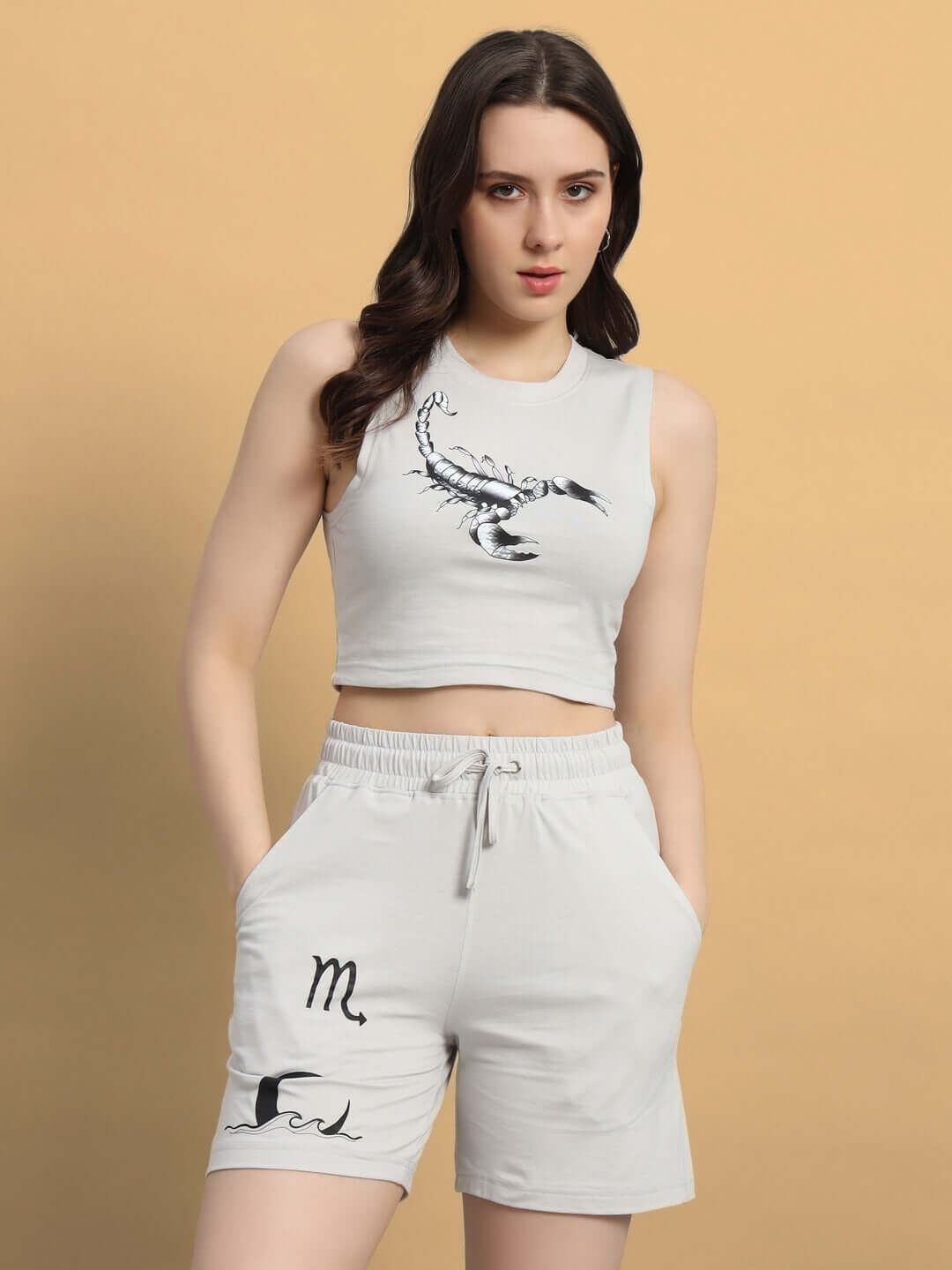 Women's grey Scorpius co-ord set with printed design, featuring a sleeveless top and shorts made of premium cotton fabric.