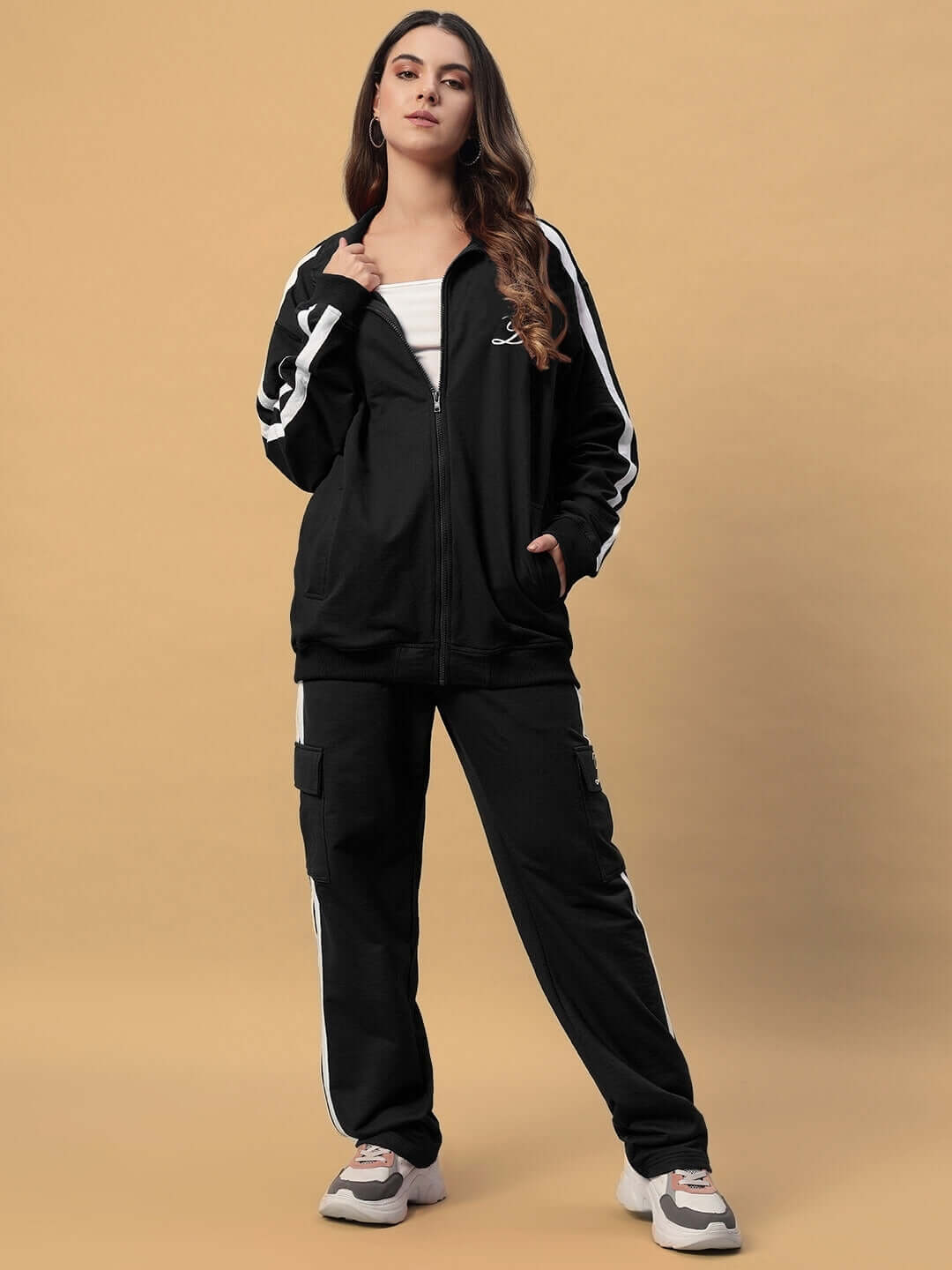 Model wearing WOMEN'S SCOTIA CO-ORD SET in black, featuring premium heavy gauge cotton terry fabric, perfect for casual wear.