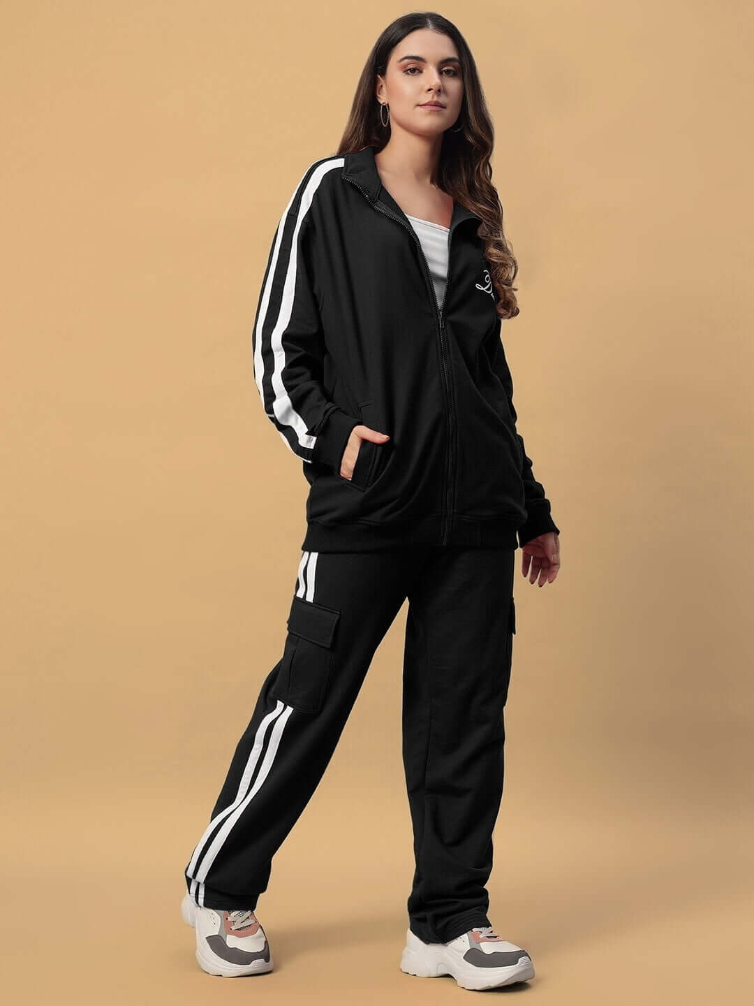 Stylish black women's Scotia Co-Ord set featuring premium heavy gauge fabric, 100% cotton terry, and sporty stripe design.