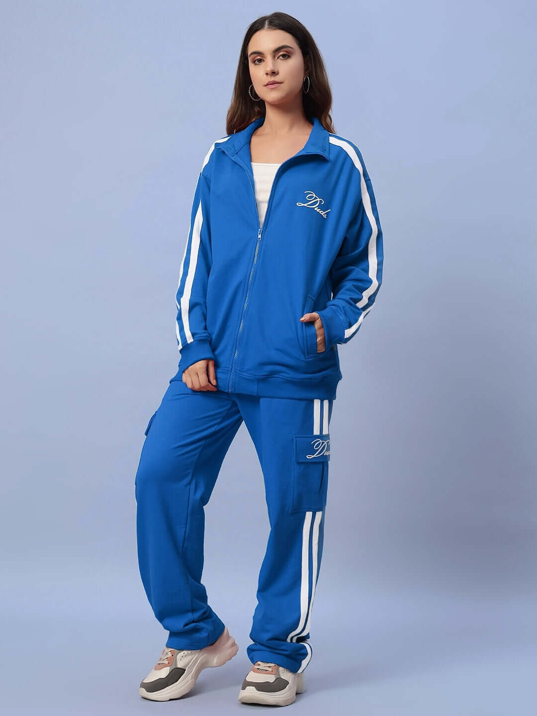Women's Scotia Co-ord Set in Royal Blue made from premium heavy gauge fabric, featuring a zip-up jacket and matching pants.